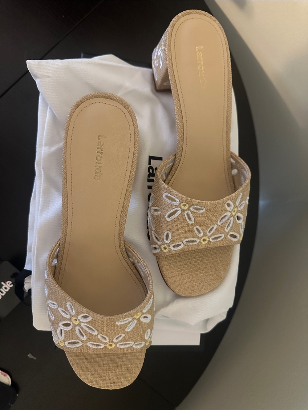 Larroude Tan Embroidered Slide Mules - Picture 2 of 7
